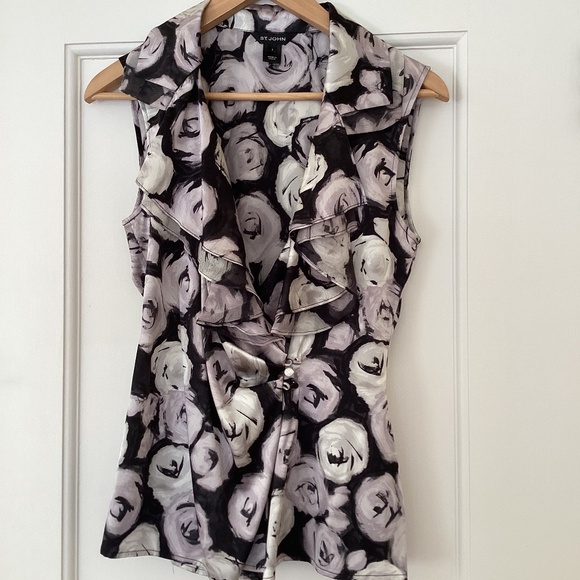 St. John Silk Sleeveless Deep V-neck Surplice Ruffled Collar Blouse Top Sz S - Picture 1 of 11